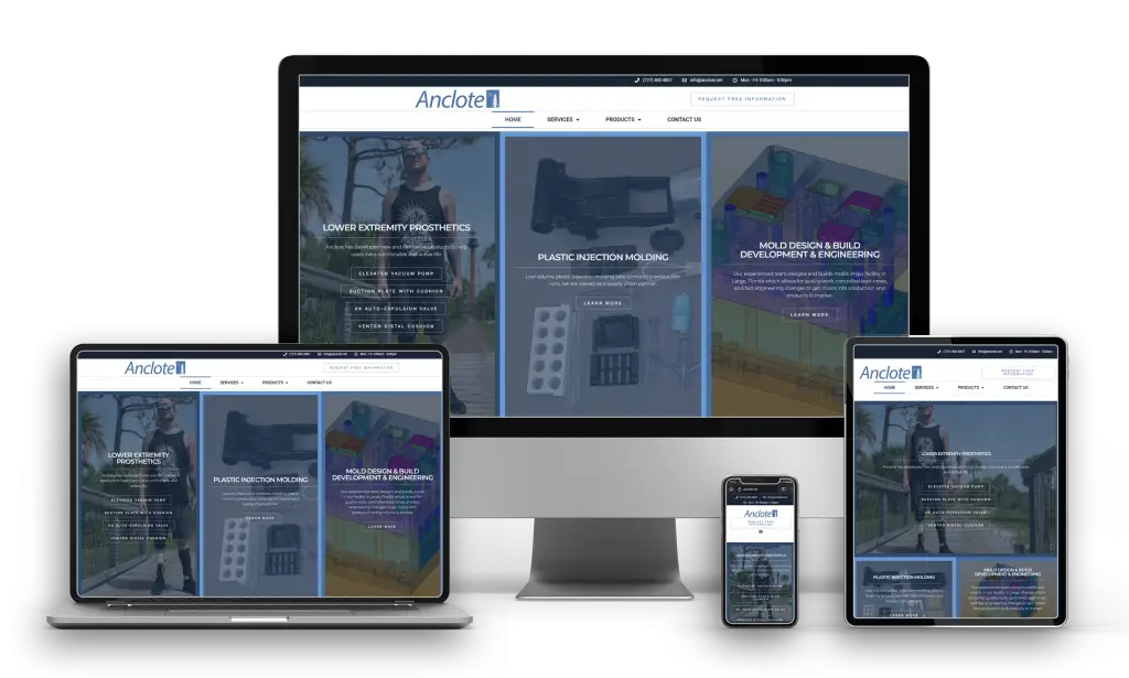 Anclote Manufacturing website design shown on desktop, laptop, tablet and phone