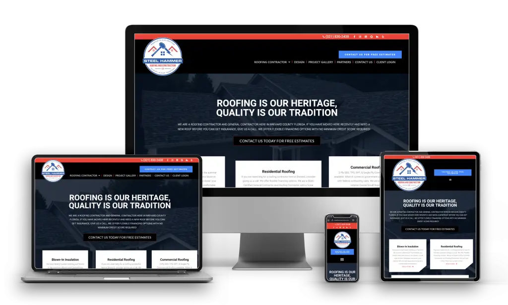 Steel Hammer Roofing website design shown on desktop, laptop, tablet and phone