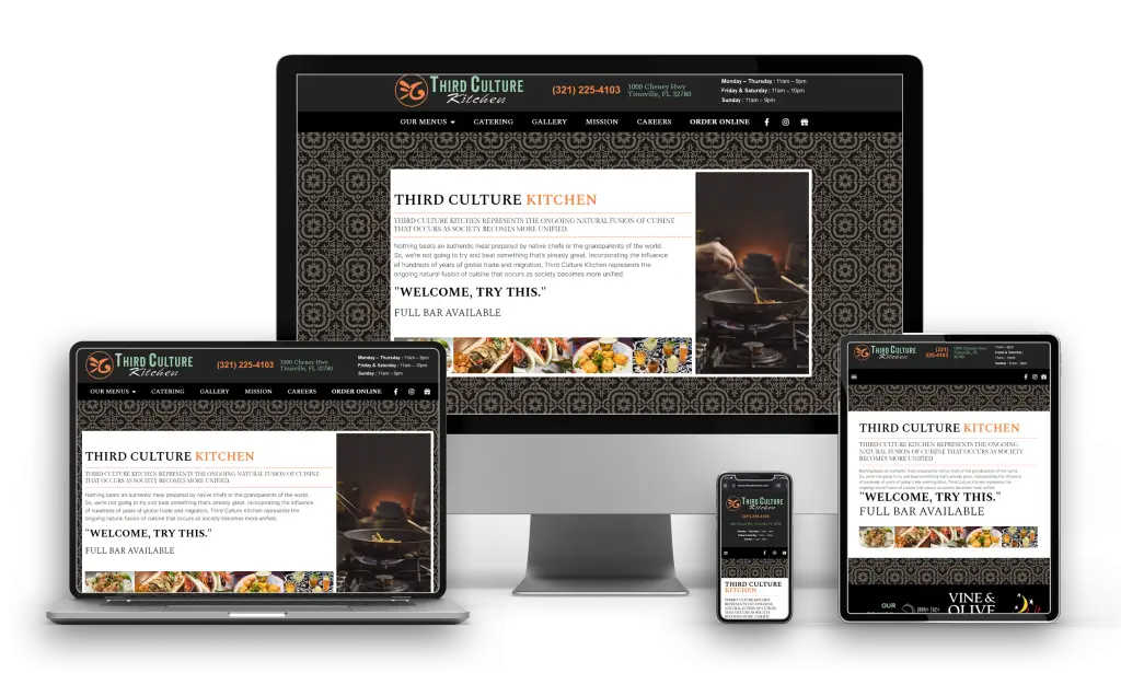 Third Culture Kitchen website design shown on desktop, laptop, tablet and phone