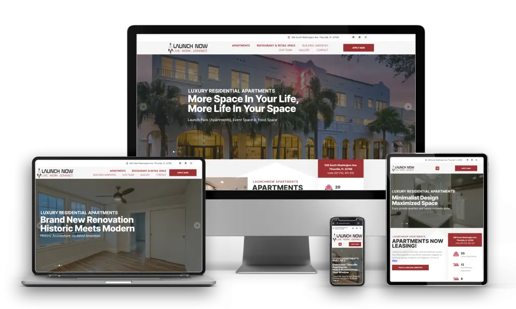 Launch Now Apartments website design shown on desktop, laptop, tablet and phone