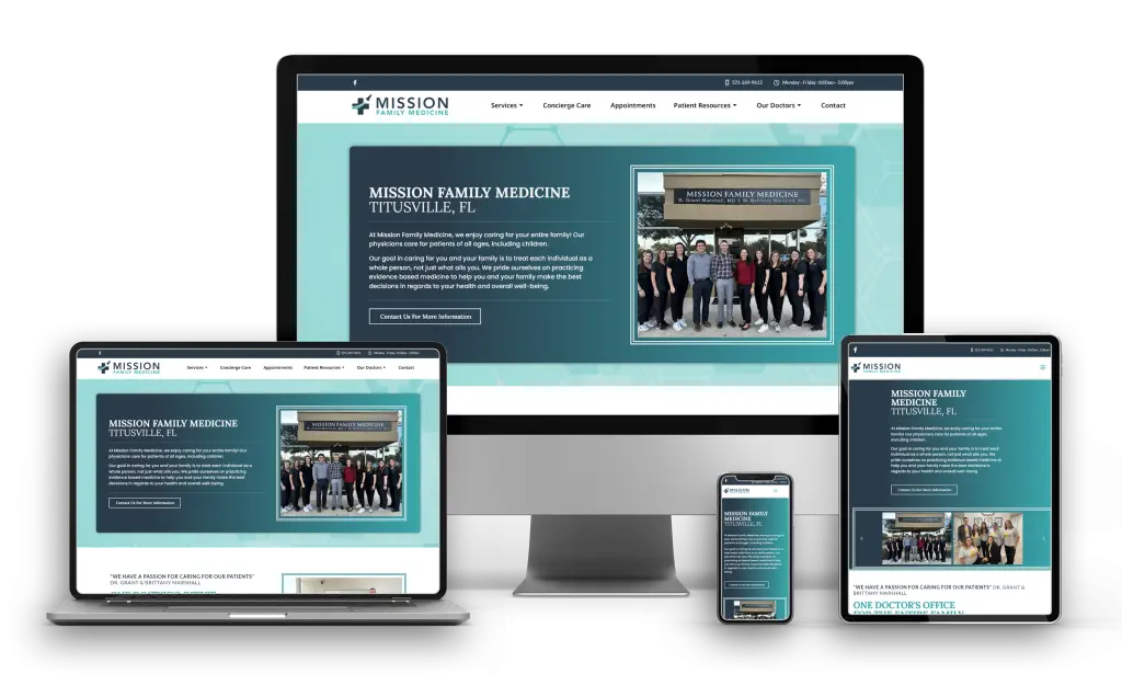 Mission Family Medicine website design shown on desktop, laptop, tablet and phone