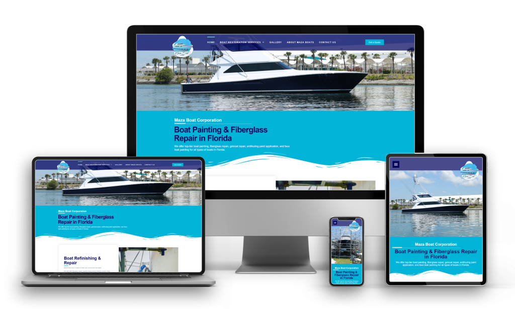 Maza Boat website design shown on desktop, laptop, tablet and phone